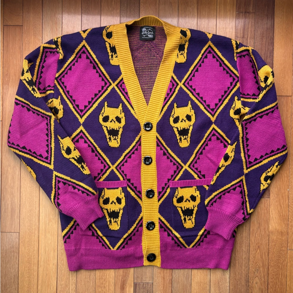 Steady Hands Argyle Skull Cardigan S/M Purple Magenta Yellow Knit